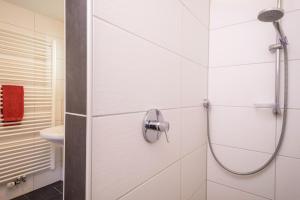 a bathroom with a shower and a sink at Ferienhof Weber Wohnung Fichte in Neukirch