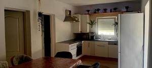 eine Küche mit einem weißen Kühlschrank und einem Tisch und einem Fenster in der Unterkunft Brač Milna in Milna