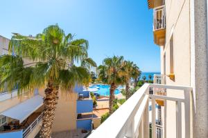 a view from the balcony of a hotel with palm trees and the ocean at Casa del Sol Premium Cabo Roig in Orihuela