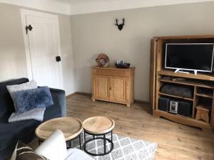 a living room with a couch and a tv at Logierhaus An der Truse in Brotterode