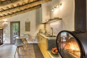 a kitchen with a oven and a table and a stove at La Pallissa - Can Bonet in Sant Martí Vell