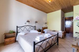 a bedroom with two beds and a wooden ceiling at Apostolos Apartment 4 in Póndi