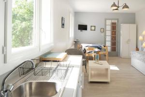 a kitchen with a sink and a living room at Studio Proche Lac Hossegor in Hossegor