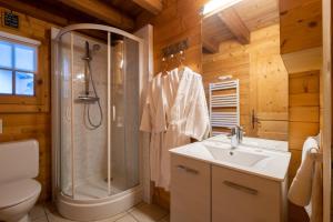 a bathroom with a shower and a sink at Chalet indépendant 3 personnes in Alex +26 photos