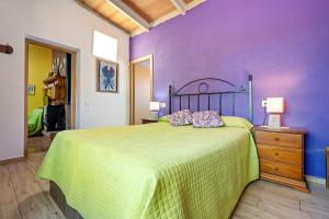 a bedroom with a green bed with a purple wall at Can Boquera in L'Ametlla de Mar +19 photos