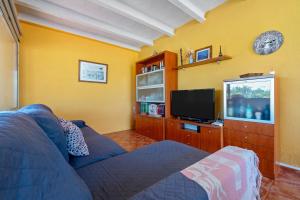a living room with a blue couch and a tv at Can Boquera in L'Ametlla de Mar