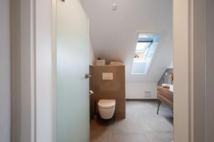 a bathroom with a toilet and a skylight at Ferienwohnung 6 in Bad Ditzenbach +22 photos