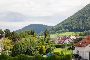 a view of a village with mountains in the background at Ferienwohnung 6 in Bad Ditzenbach