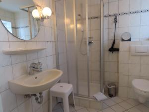 a bathroom with a sink and a shower and a toilet at Große Warf mit Rasenfläche in Ockholm