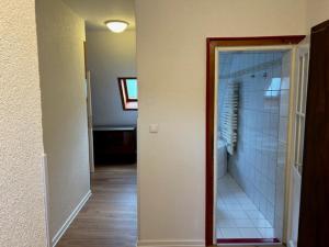 a bathroom with a walk in shower and a mirror at Ferienhaus Waldeck in Marienberg +8 photos