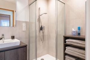 a bathroom with a shower and a sink at Mountain Meadows Apt 2 in Valdaora +14 photos