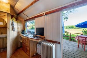 a kitchen in a tiny house with a deck at Ferien Tinyhaus im Tale in Ascheffel +12 photos