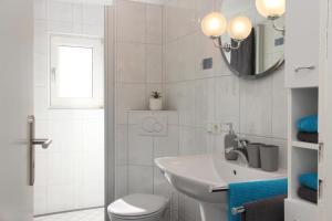 a bathroom with a sink and a toilet and a mirror at Ferienwohnung Blum in Schmallenberg +23 photos