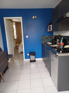 a kitchen with blue walls and a white tile floor at Gite paysan lecarpentier in Fontenay