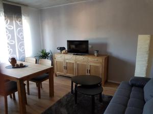 ein Wohnzimmer mit Sofa, Fernseher und Tisch in der Unterkunft Ruth in Dahn