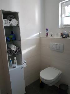 ein Badezimmer mit Toilette und einem Regal mit Handtüchern in der Unterkunft Ruth in Dahn + 12 Fotos