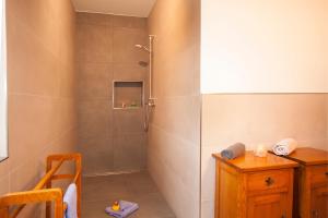 a bathroom with a shower and a wooden cabinet at Ferienwohnung Mertens in Schmallenberg +3 photos