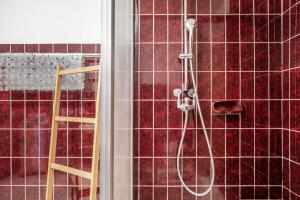 a shower in a bathroom with red tile at Haus Marianne Duffner in Schonach +55 photos