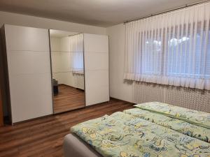 a bedroom with a bed and a large mirror at Ferienwohnung Felsenblick in Albstadt