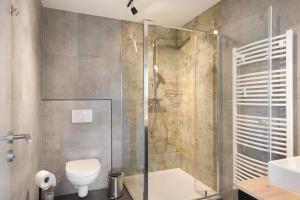 a bathroom with a shower and a toilet and a sink at Waldglück Apartment in Feldberg