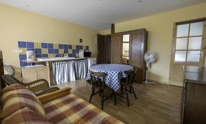 a living room with a table and chairs and a kitchen at studio Le Cabanon in Doussard