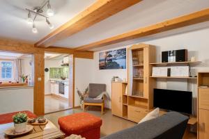 a living room with a couch and a tv at Alte Schmiede in Feldberg