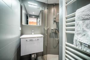 ein Badezimmer mit Waschbecken und Dusche in der Unterkunft Erin Roca immmobilier chatel boude in Châtel