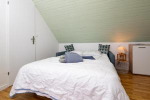 a bedroom with a large white bed with blue pillows at Le Sea Bird parking piscine été in Arzon +13 photos