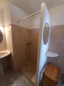 ein Badezimmer mit Waschbecken und Dusche mit Spiegel in der Unterkunft Studio Bas Verdon in Allemagne-en-Provence