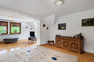 a living room with a wooden dresser in a room at Ferienwohnung Serr in Lauf