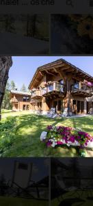 two pictures of a house with flowers in the yard at Chalet Imbosc'chè 5 rooms Bnb in Livigno