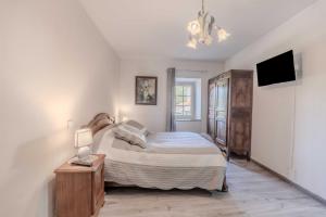 a bedroom with a bed and a television in it at Gite du Moulin - Ariège in Carla-de-Roquefort