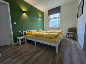 a bedroom with a bed and a green wall at Apartment - Tor zur Rhön in Vachat