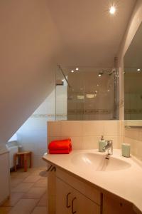 a bathroom with a sink and a shower at Ferienwohnungen Appelhus in Pellworm +27 photos