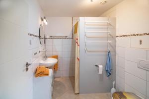 a small bathroom with a sink and a shower at Haus Ruther - Wohnung 2 in Bad Saulgau