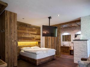 a bedroom with a large bed and a bathroom at Fedaia Joy Bnb in Canazei