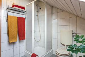a shower in a bathroom with red and yellow towels at Haus am Mühlenbach in Hilzingen
