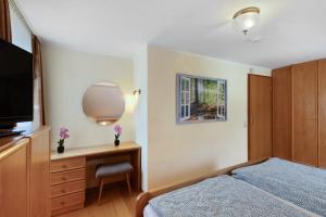a bedroom with a bed and a desk and a television at Ferienwohnung am Hügel in Schmallenberg