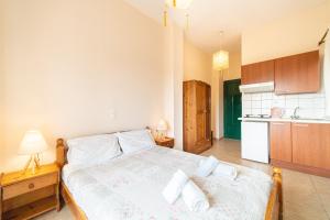 a bedroom with a large bed and a kitchen at Arianna Studio 12 in Paleokastritsa