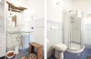 two pictures of a bathroom with a toilet and a sink at Mare Colline Città d'Arte in Rosignano Marittimo
