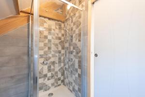 a shower with a glass door in a bathroom at Chalet 2 Pièces Avec Terrasse in Ouzous