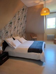 a bedroom with a large bed and a chandelier at Chambre D'hôte - La Capucine in Bazouges