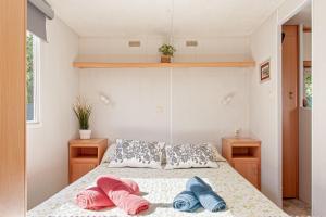 a bedroom with a bed with two towels on it at Oasis on the river 2 in Marina di Pisa