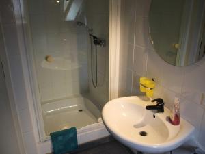 a bathroom with a sink and a shower at Ferienwohnung an der Müritz in Klink +6 photos