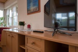 a television on a wooden table with a remote control at Riehle Hof in Zell am Harmersbach