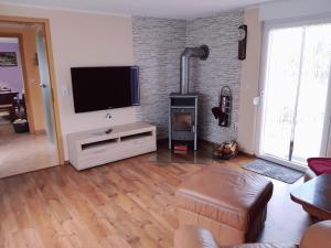 a living room with a fireplace and a flat screen tv at Ferienhaus Waldblick in Reinharz