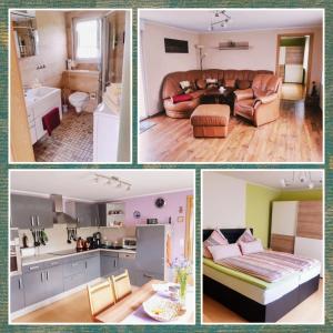 a collage of four pictures of a kitchen and a living room at Ferienhaus Waldblick in Reinharz