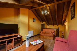 a living room with a couch and a television at Apto Naranja - Casa el gaitero in Susacasa