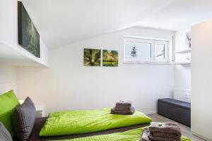 a bedroom with a green bed and a couch at Schwarzwaldblick D App 10 mit Pool in Schönwald +19 photos