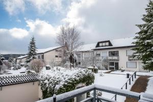 a house with snow on the ground at Schwarzwaldblick D App 10 mit Pool in Schönwald
